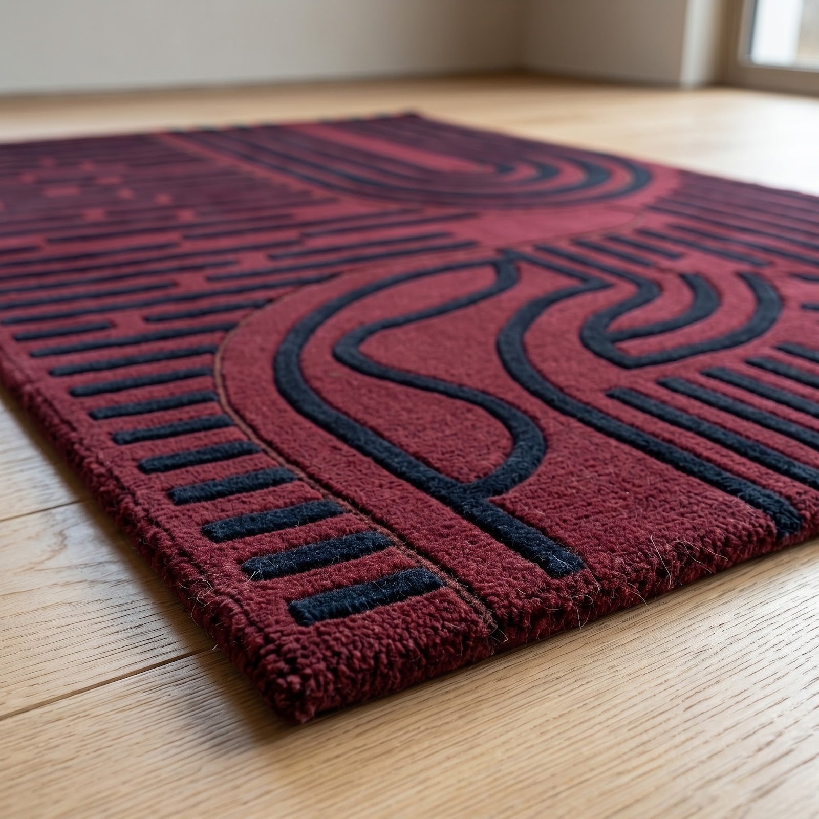 Burgundy Geometric Hand Tufted Wool Rug | Modern Art Deco Area Rug in Wine Red & Navy Blue — 2x3 ft'