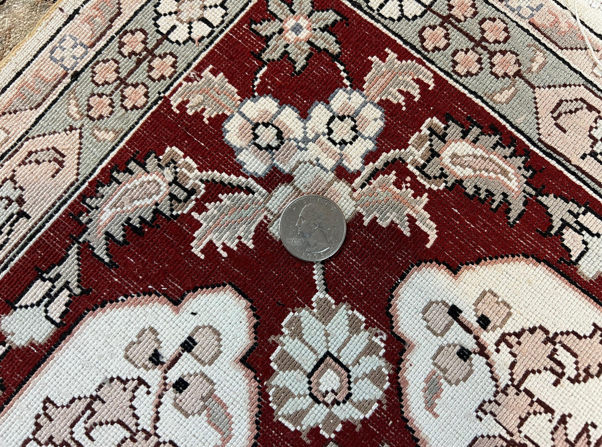 Silk Indian Kashmiri Rug 4x6 ft, Floral Medallion Hand Knotted Handmade Oriental Carpet, Vintage, Cream Burgundy, Very Fine Silk Rug 4 x 6 - Jewel Rugs, view 10