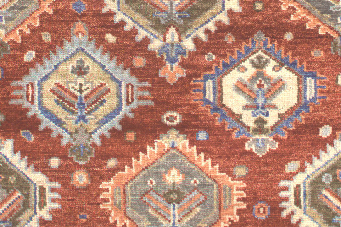 Traditional Tribal Hand Knotted New Zealand Wool Rug | Rust & Blue Geometric Diamond Area Rug — 2x3 ft'