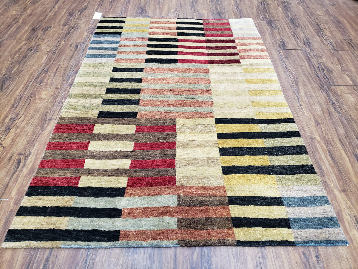 Modern Tibetan Rug 4' x 5' 9", Medium Sized Abstract Handmade Carpet, Hand-Knotted Soft Pile Wool Rug, Multicolor Contemporary Rug, Colorful - Jewel Rugs, view 2