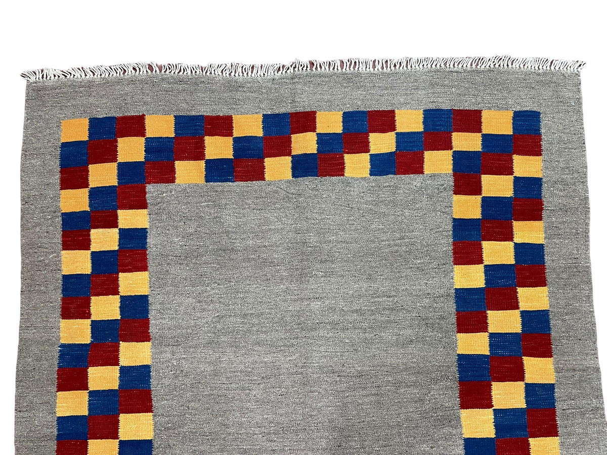 Gray Kilim Carpet, Yellow, Red, Blue Checkerboard Pattern, Flatweave, New, Geometric, Hand-Knotted, Wool, Turkish Area Rug, 5' 9" x 7' 9" - Jewel Rugs, view 4
