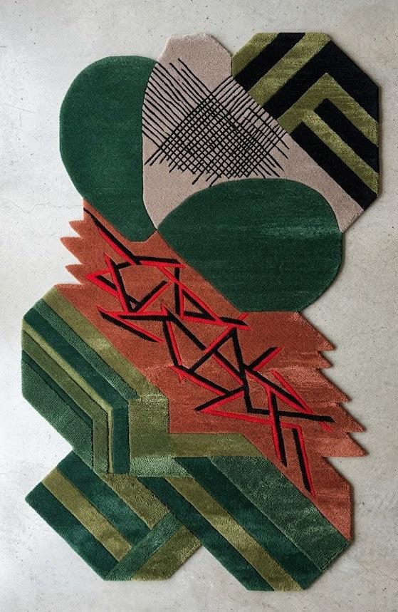 Abstract Geometric Hand Tufted Wool & Viscose Rug | Green Terracotta Modern Artistic Irregular Shape Area Rug — 2x3 ft'