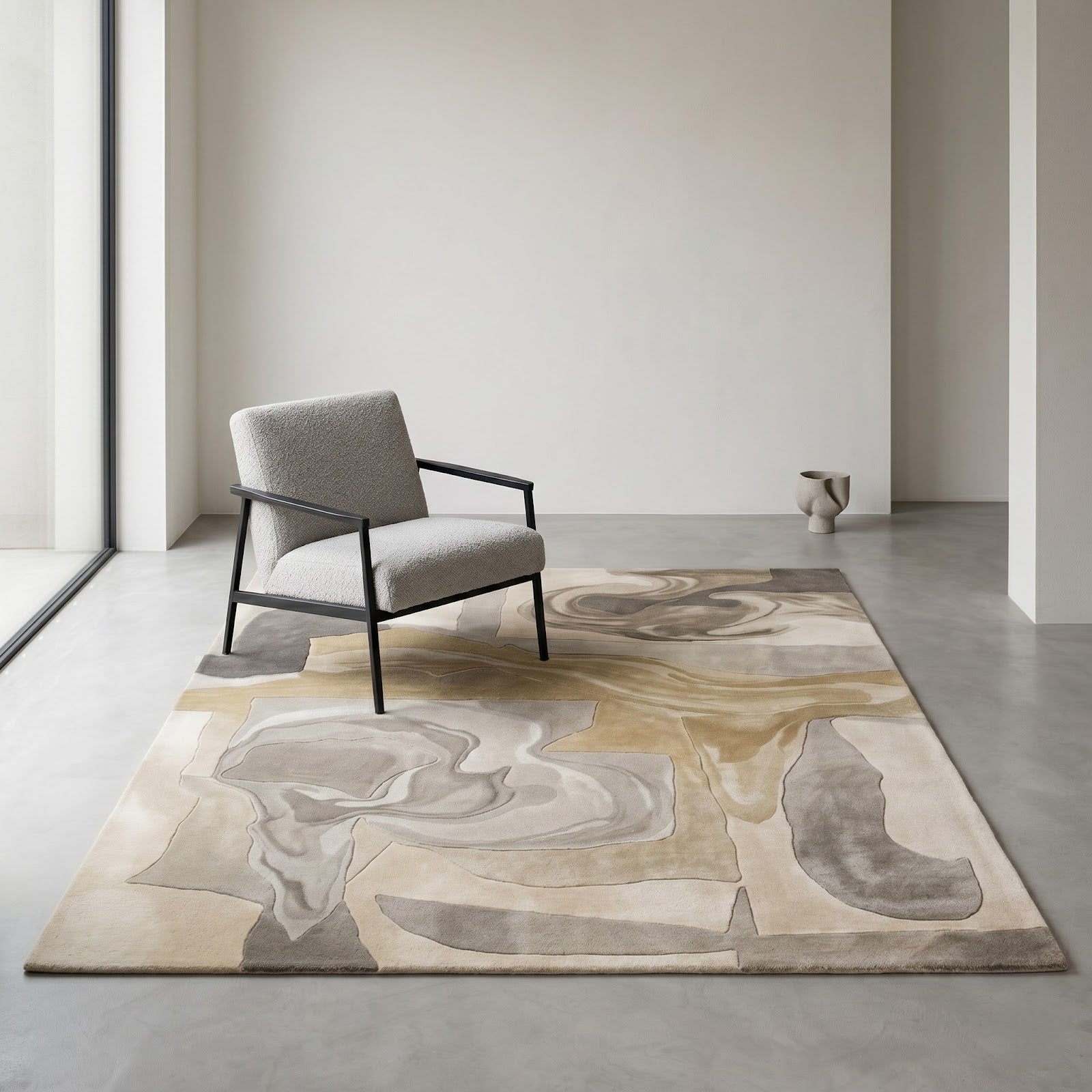 Modern Abstract Marble Hand Tufted Wool Rug | Neutral Swirl Art Area Rug — 2x3 ft'