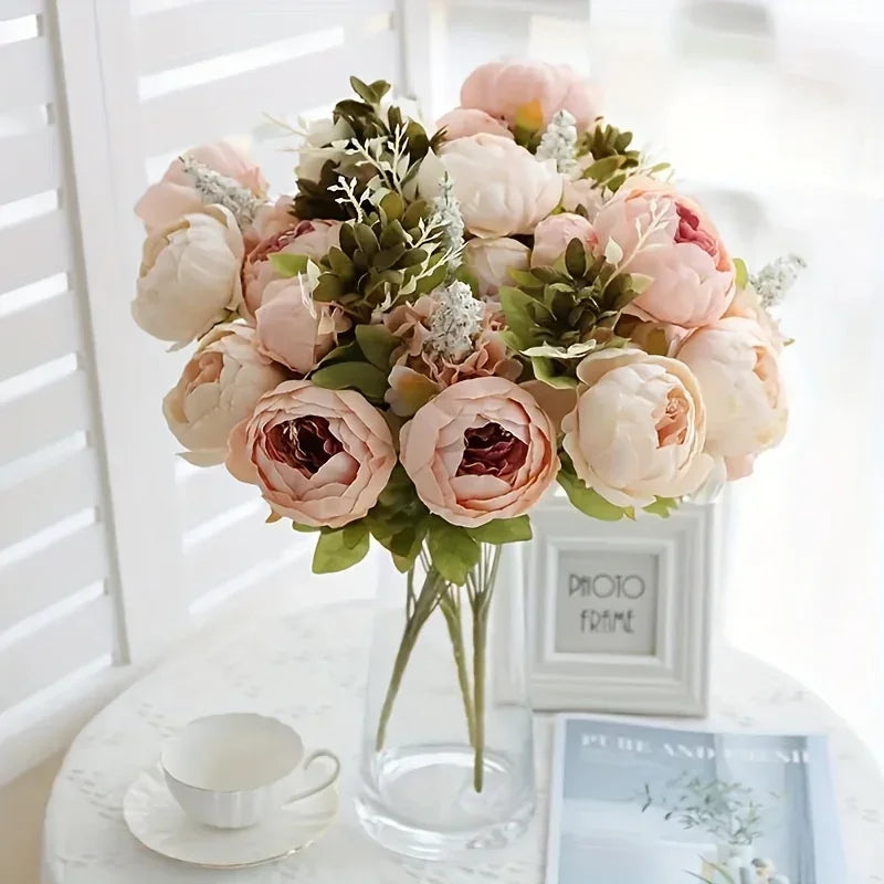 13 Branches Realistic Peony Silk Flower Bouquet Champagne