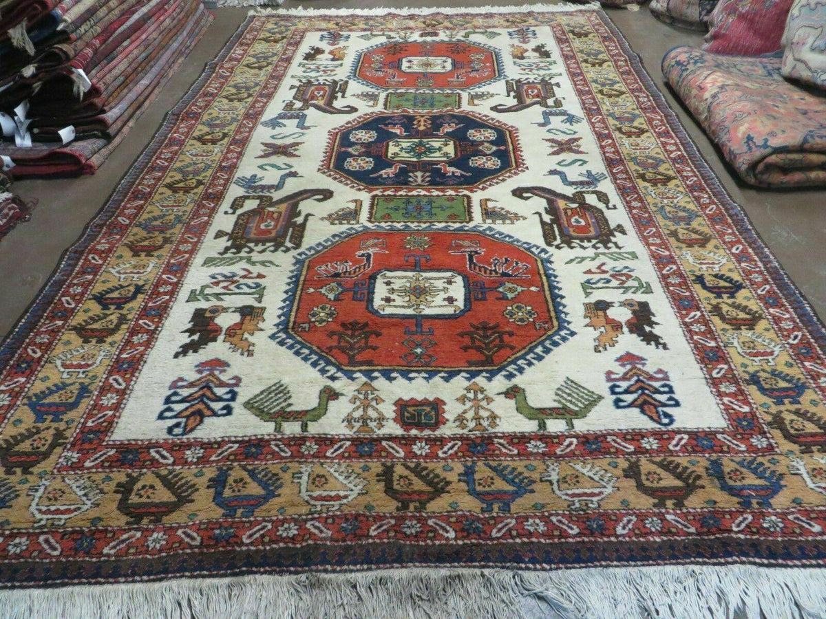 7' X 10' Vintage Handmade Knotted Turkish Wool Rug Birds Animal Ivory Organic - Jewel Rugs, view 2