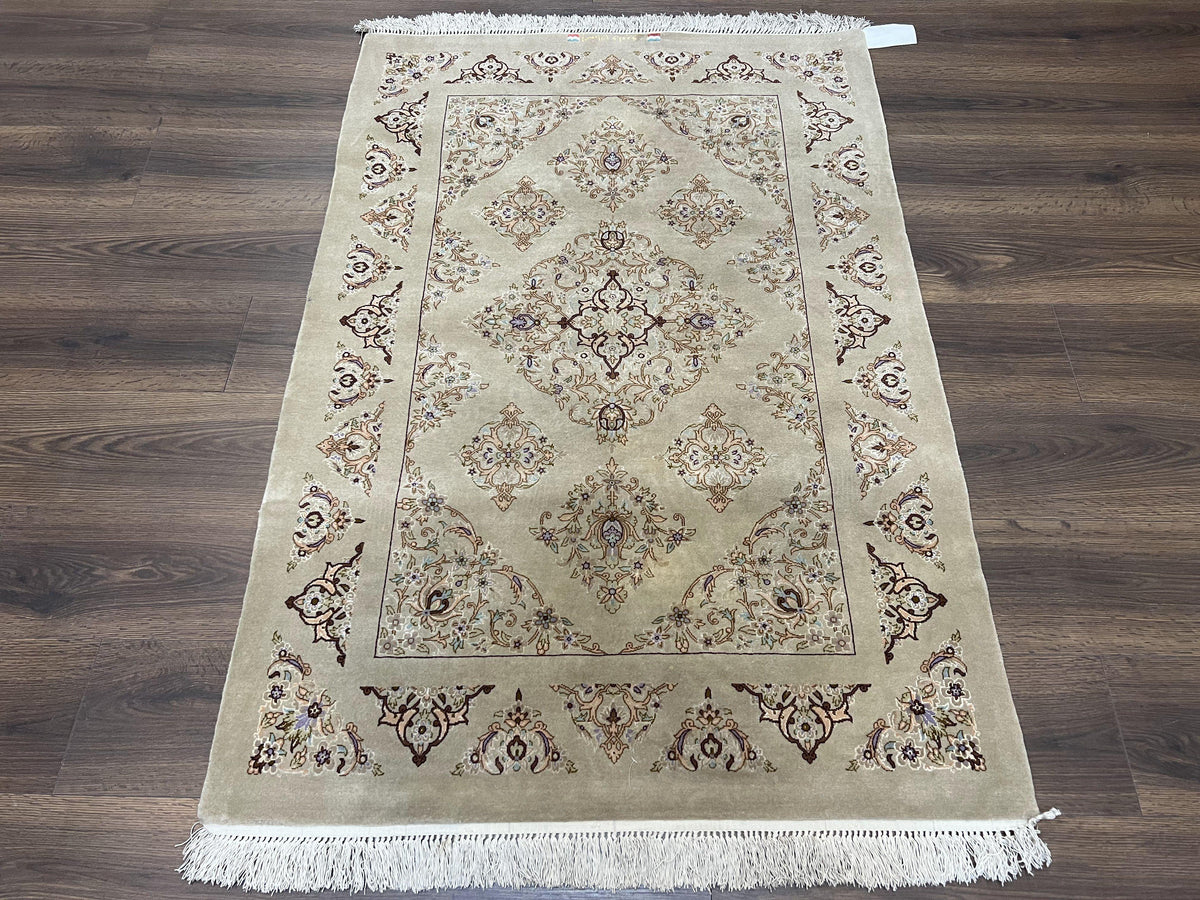 Very Fine Persian Isfahan Rug 3x5 ft with Signature, Kork Wool on Silk Foundation, Gray-Taupe Vintage Hand Knotted Oriental Carpet, 60 Raj 460 KPSI - Jewel Rugs, view 11