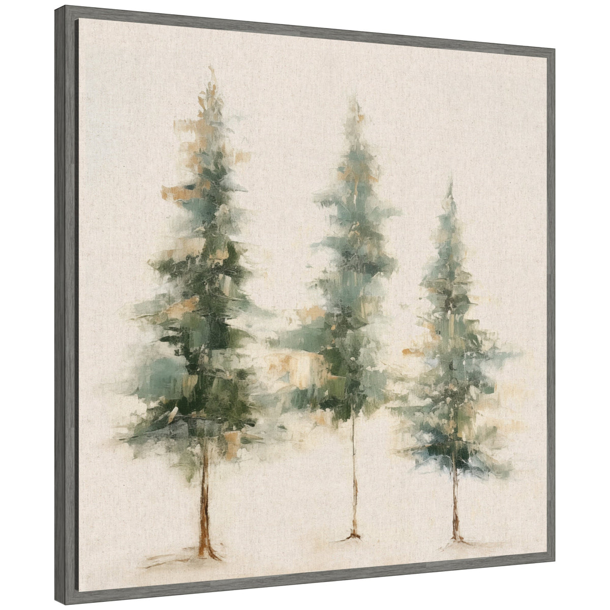 Sylvie Abstract Forest Evergreen Trees on Neutral Linen Framed Canvas by The Creative Bunch Studio