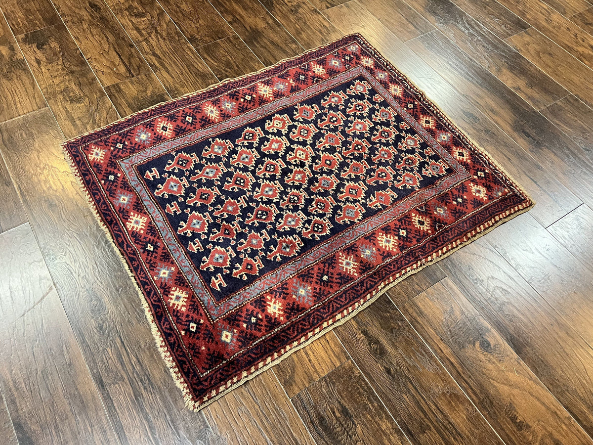 Turkish Sparta Rug 3x4, Allover Pattern, Navy Blue and Red, Antique Ispara Oriental Carpet 3 x 4, Small Turkish Handmade Vintage Wool Rug - Jewel Rugs, view 3