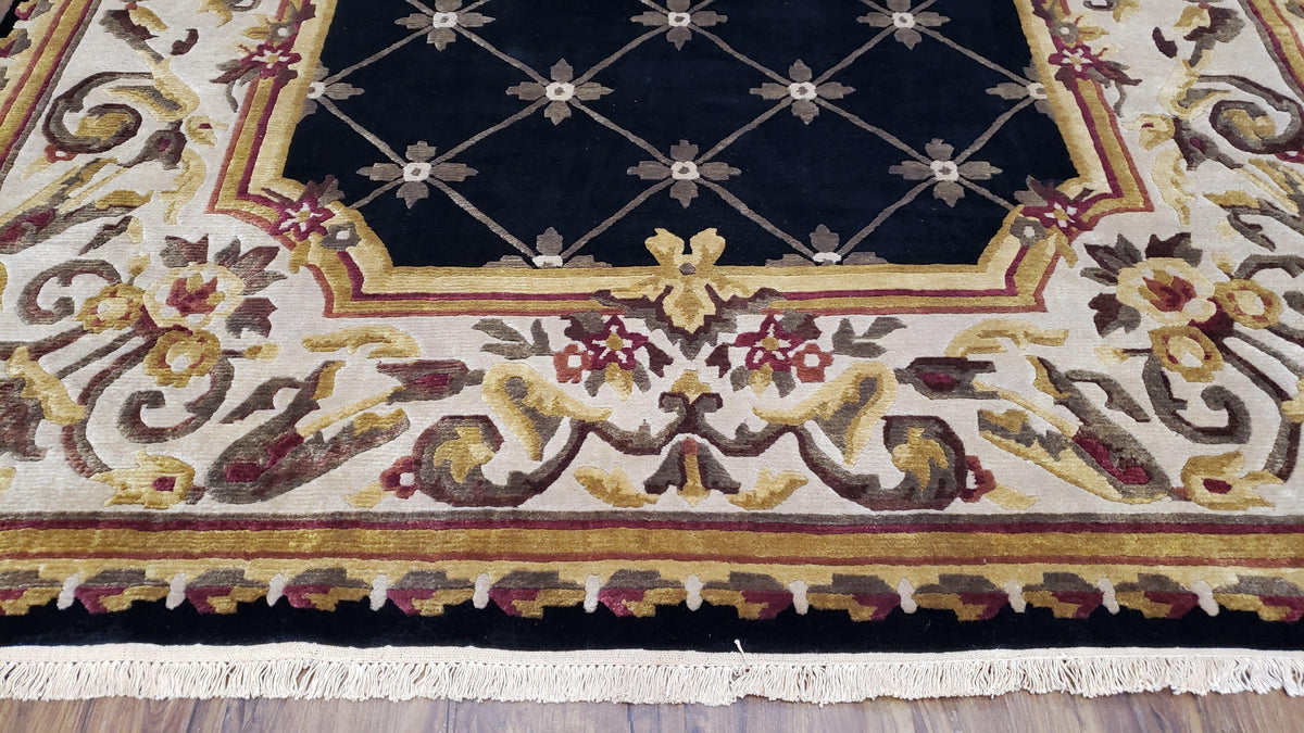 Nepal Rug 6x9, New Aubusson Nepalese Tibetan Carpet 6'1" x 8' 8", Hand-Knotted Wool, Unused, Black & Cream, Savonnerie Pattern, Soft Pile - Jewel Rugs, view 6