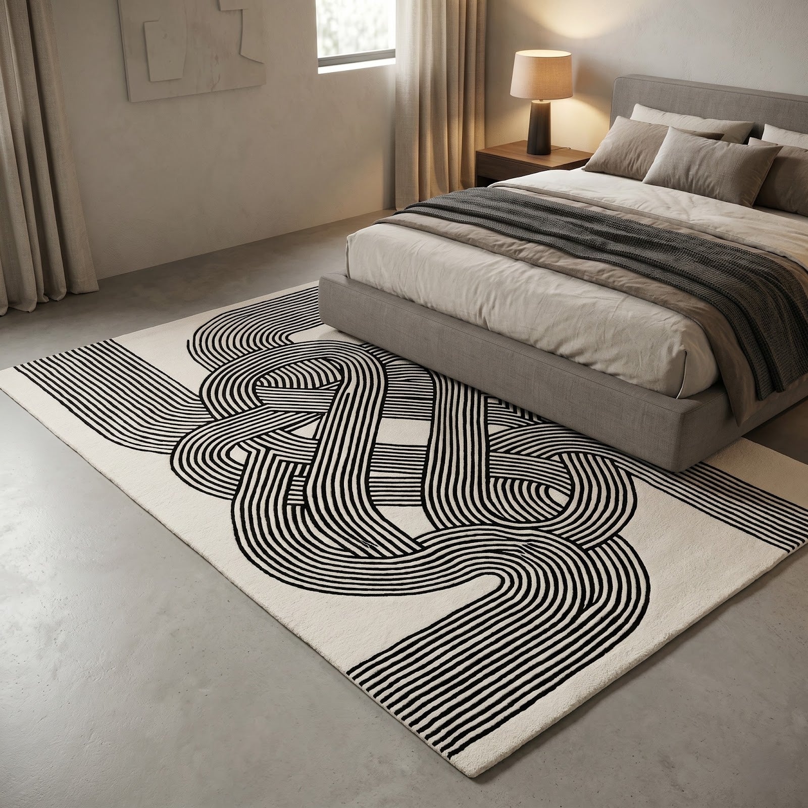 Modern Optical Illusion Hand Tufted Wool Rug | Black & Ivory Geometric Knot Pattern Area Rug — 2x3 ft'