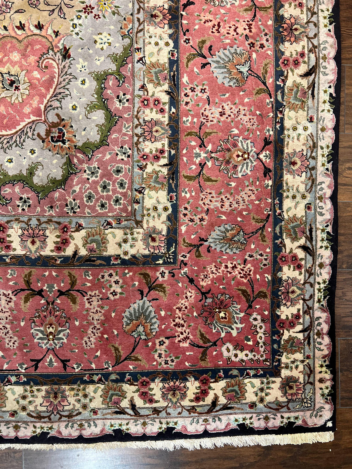 Magnificent Persian Tabriz Rug 11x16, Oversized Persian Carpet 11 x 16 ft, Wool on Silk Finely Hand Knotted, 450 KPSI, Floral Medallion, Black Pink - Jewel Rugs, view 9