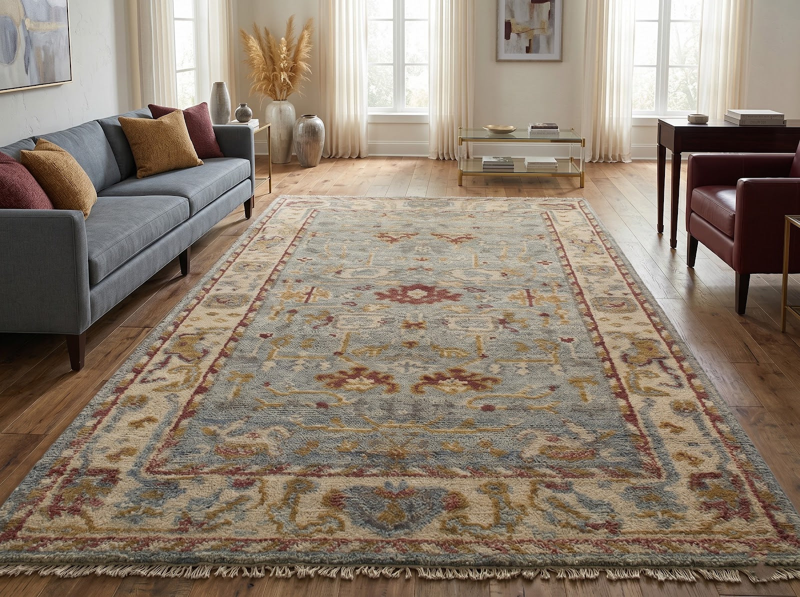 Vintage Oushak Hand Knotted New Zealand Wool Rug | Sky Blue & Ivory Floral Area Rug — 2x3 ft'