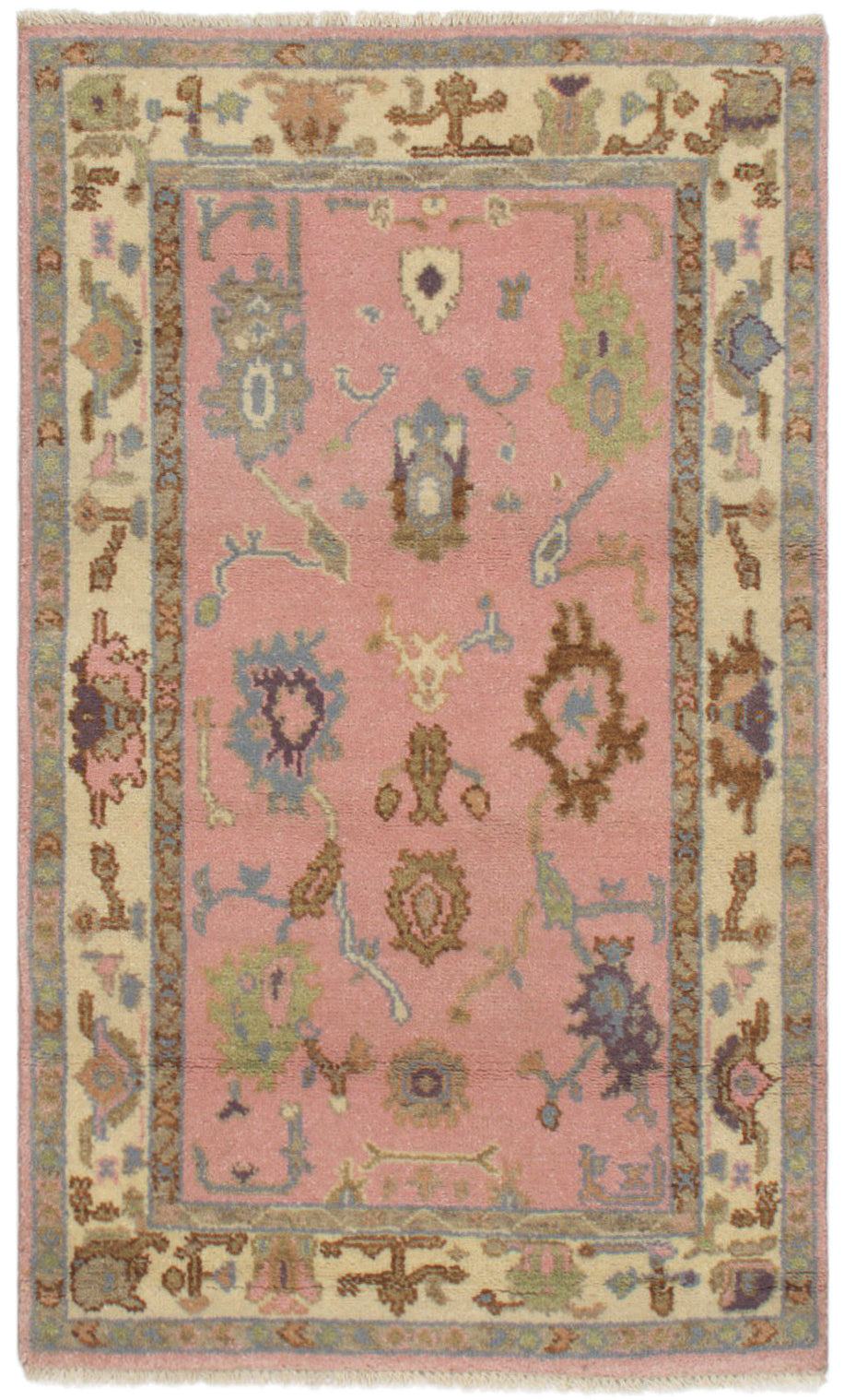 Vintage Oushak Hand Knotted New Zealand Wool Rug | Pink & Ivory Turkish Floral Area Rug — 2x3 ft'