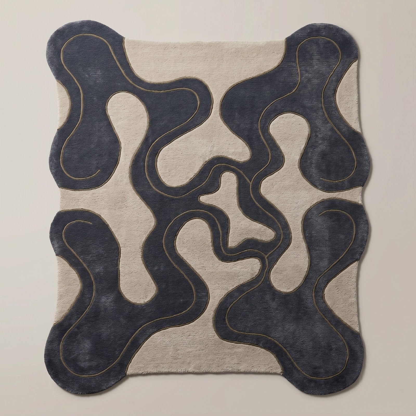Organic Flow Hand Tufted Wool Rug | Slate Blue & Ivory Biomorphic Irregular Area Rug — 2x3 ft'