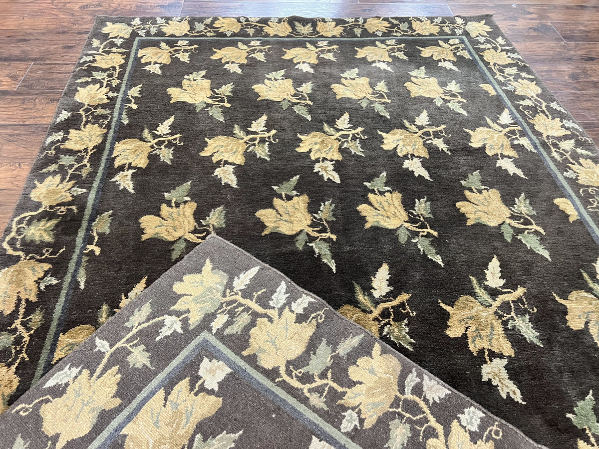 Tibetan Nepal Rug 6x9, Wool Hand Knotted Vintage Carpet 6 x 9, Dark Green & Golden Yellow, Floral Bouquets - Jewel Rugs, view 12