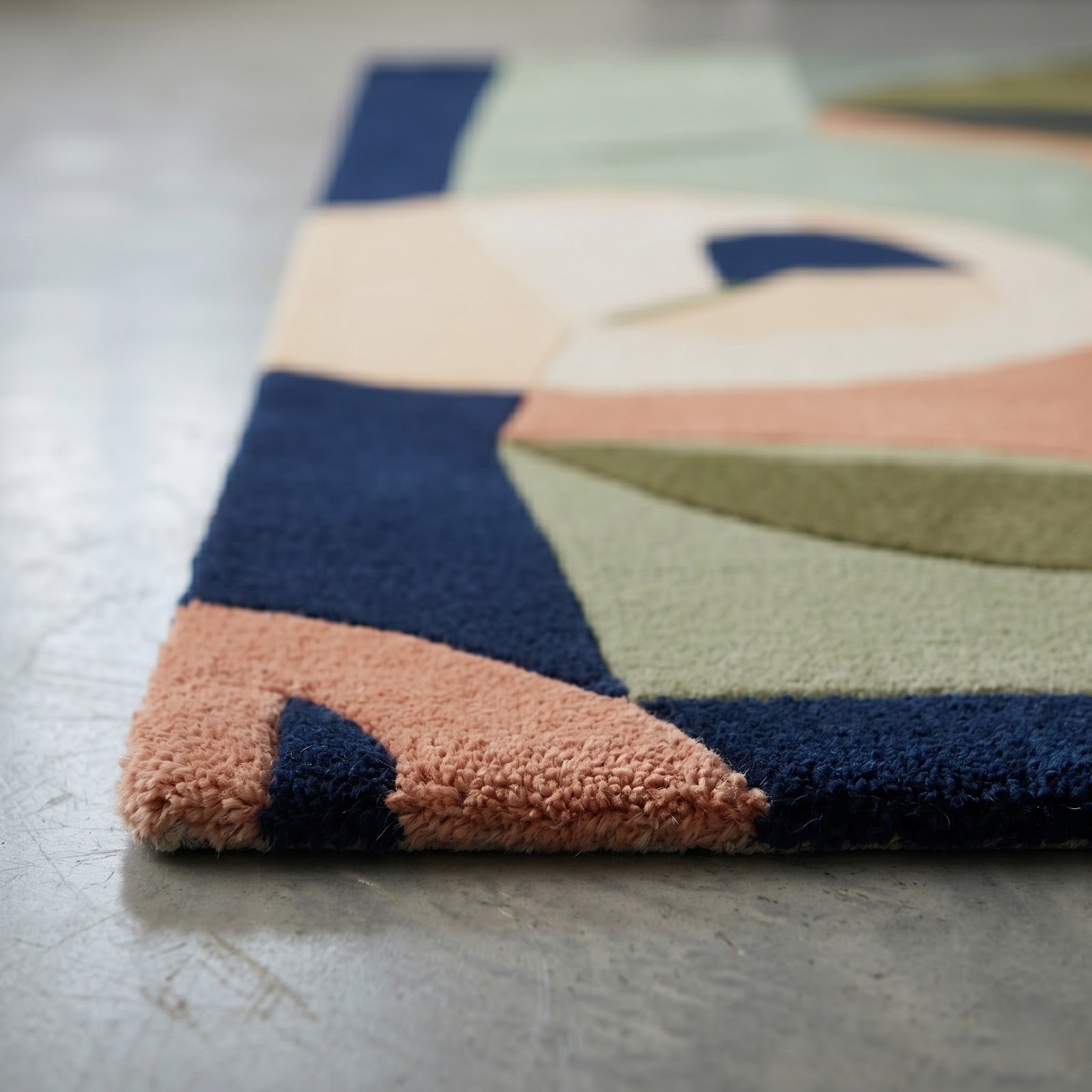 Modern Abstract Cubist Hand Tufted Wool Rug | Sage Green, Olive & Navy Geometric Art Area Rug — 2x3 ft'