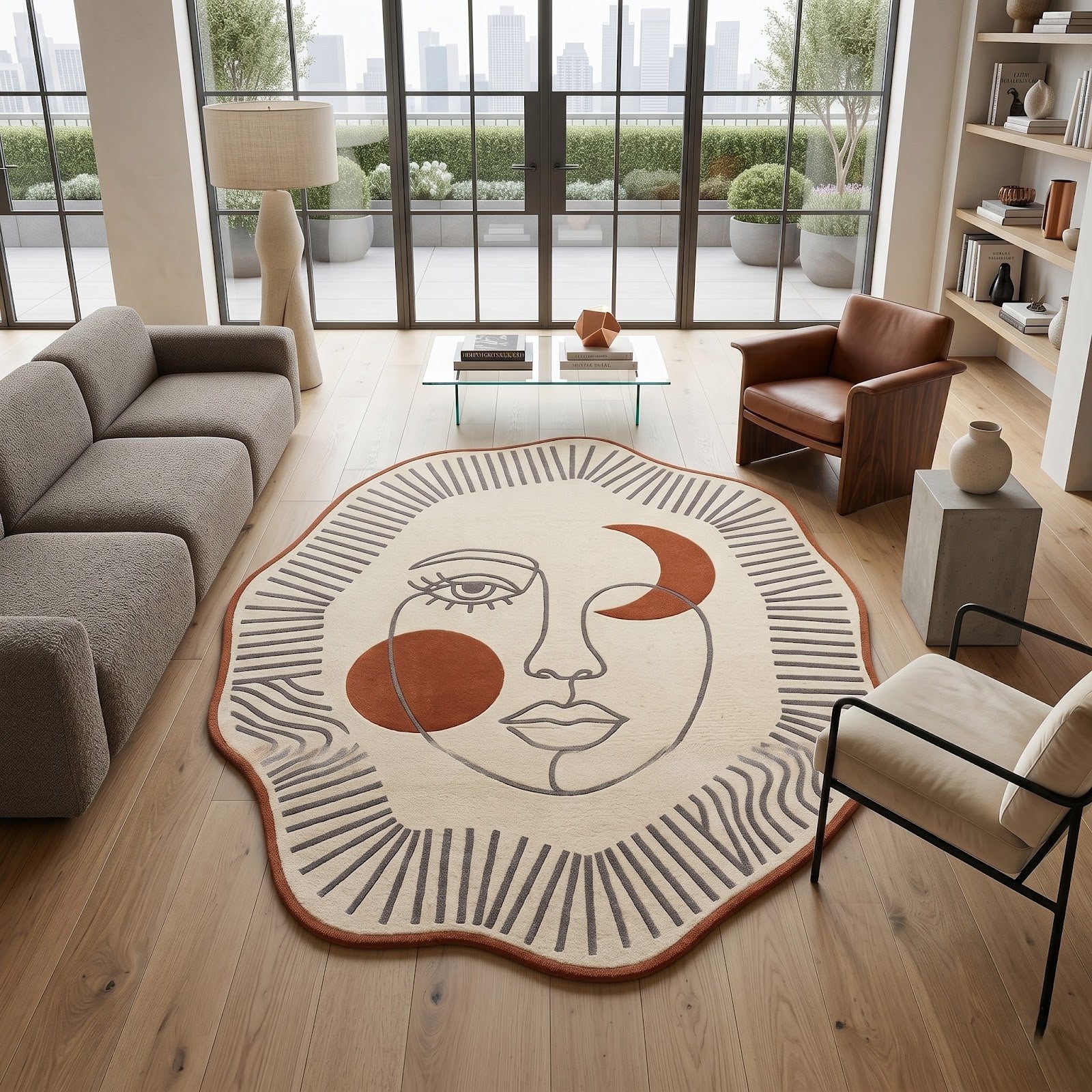 Celestial Face Hand Tufted Wool Rug | Ivory & Terracotta Abstract Art Irregular Shape Area Rug — 2x3 ft'