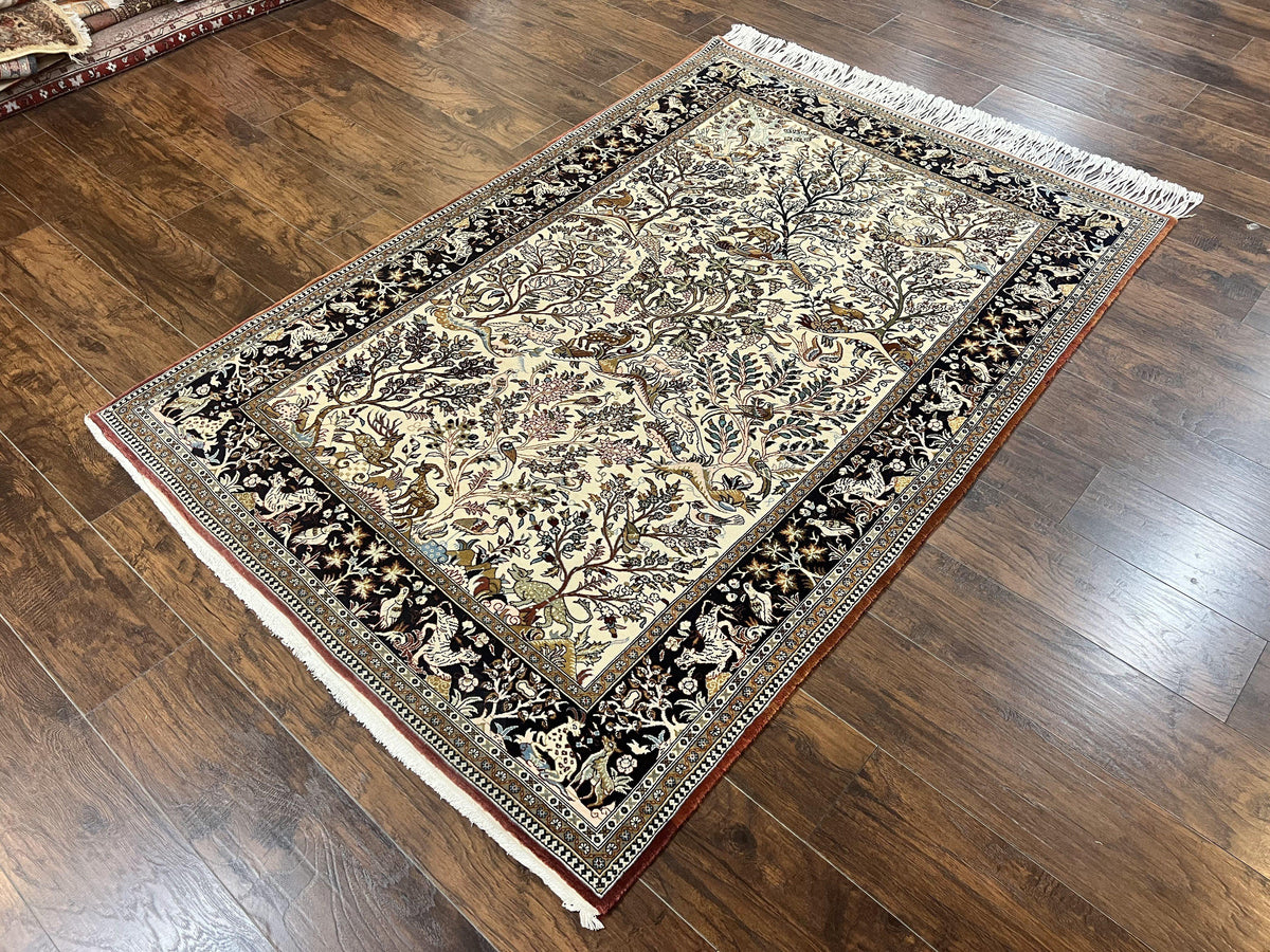 Persian Qum Tree of Life Rug 5x7, Wool and Silk Highlights, Animal Motifs, Vintage Hand Knotted Handmade Cream & Black Fine Oriental Carpet - Jewel Rugs, view 3