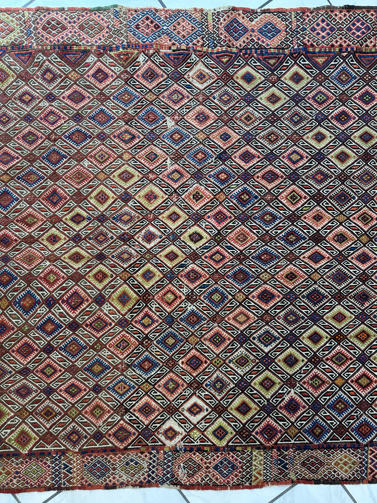 Antique Turkish Kilim Runner 5x14 | Red, Navy & Ivory | Hand-Woven Wool Flatweave - Rugistan, view 9