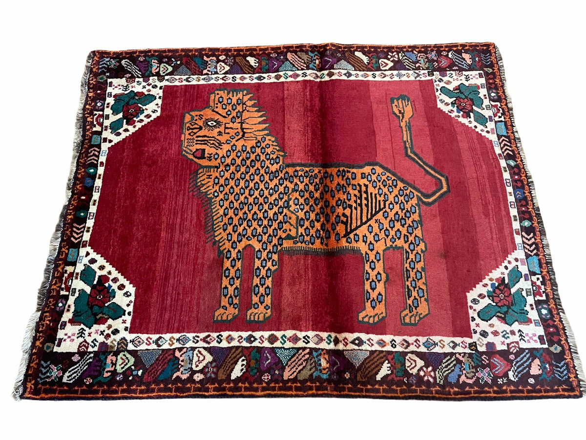 Antique Persian Gabbeh Wool Rug 4x5, Lion Pictorial Rug, Red Orange Black, Hand Knotted Handmade Vintage Gabbeh Carpet 4 x 5 ft, Tribal Rug - Jewel Rugs