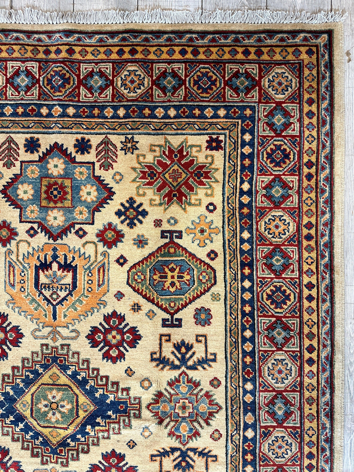 Afghan Kazak Medallion Rug 5x7 | Ivory, Red, Navy & Light Blue | Hand-Knotted Wool - Rugistan, view 9