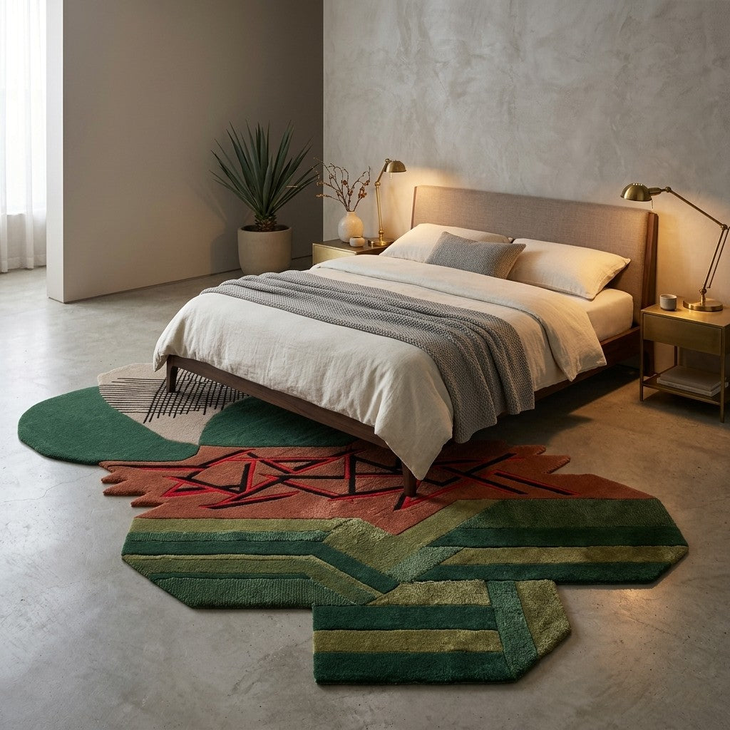 Abstract Geometric Hand Tufted Wool & Viscose Rug | Green Terracotta Modern Artistic Irregular Shape Area Rug — 2x3 ft'