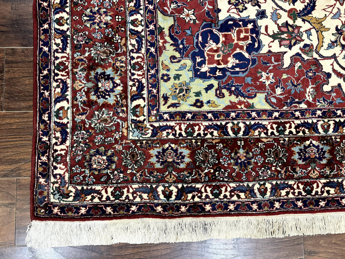 Wonderful Persian Isfahan Rug 7x9, Ivory Navy Blue Red, Floral Medallion, Very Finely Hand Knotted 260 KPSI, Handmade Wool Vintage Rug - Jewel Rugs, view 9