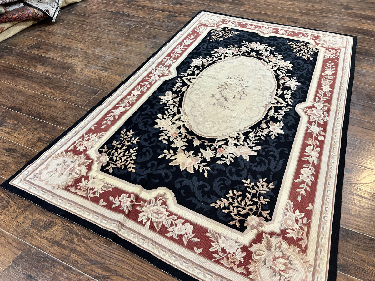 Needlepoint Rug 5x8, Wool Handmade Vintage European Design Carpet, Black & Maroon, French Aubusson Pattern Flatweave Rug - Jewel Rugs, view 3