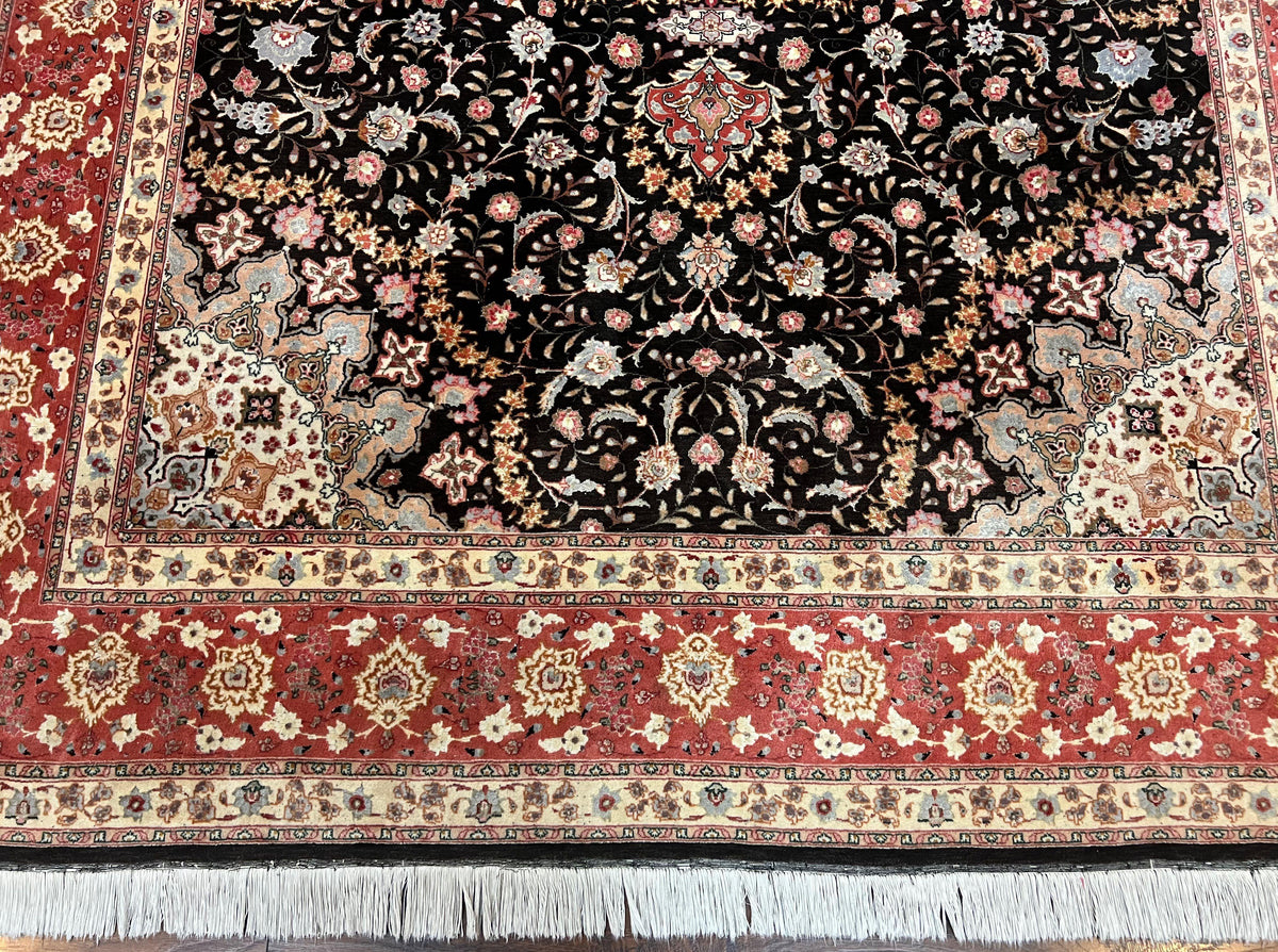 Marvelous Persian Tabriz Rug 7x10 ft, Super Fine 50 Raj, 300+ KPSI, Black and Rust Red, Floral Medallion Handmade Wool Oriental Carpet, Top Quality - Jewel Rugs, view 8