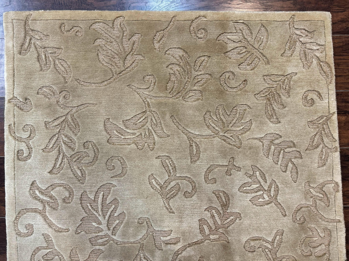 Modern Tibetan Rug 3.7 x 5.5, Carved Floral Design, Wool and Silk Highlights - Jewel Rugs, view 4
