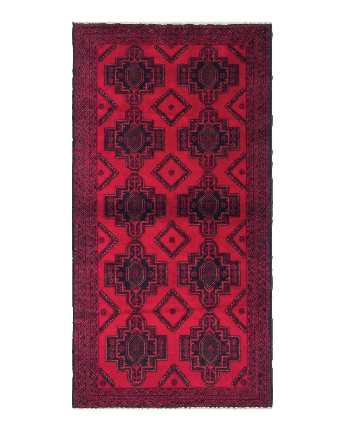 Afghan Rug 4x7, Tribal Carpet, Balouch Rug, Red and Navy Blue, Repeated Medallions, New - Jewel Rugs