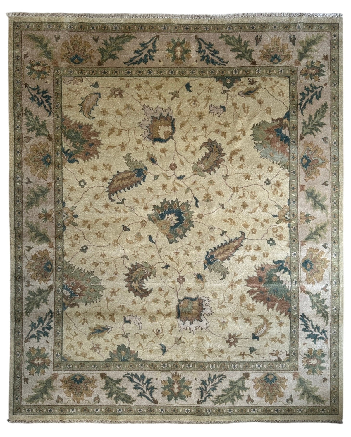Indian Oushak Rug 8x10 | Beige, Ivory & Green | Hand-Knotted Wool - Rugistan