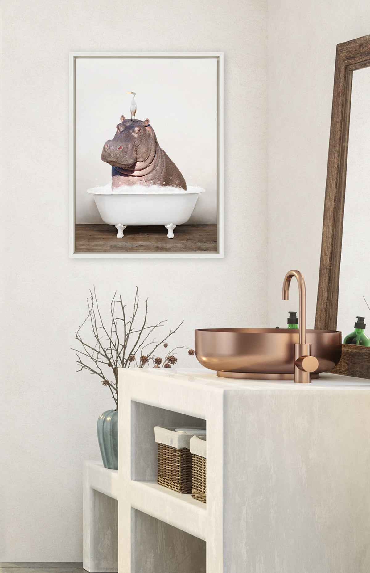 Sylvie Hippo and Bird in Rustic Bath Framed Canvas by Amy Peterson Art Studio