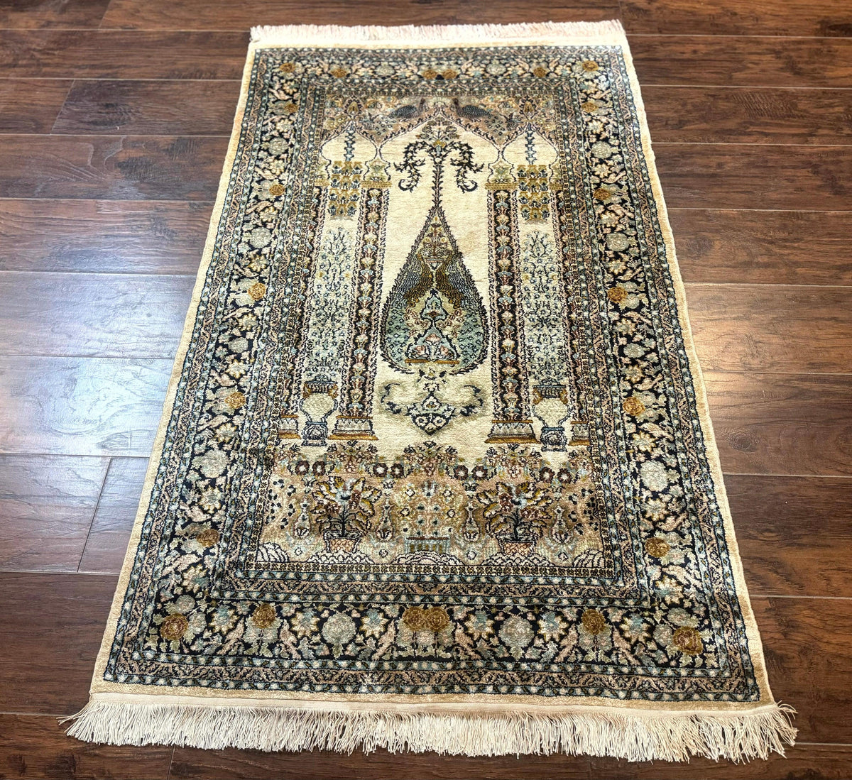 Silk Indian Kashmiri Rug 3x4, Very Fine 400 KPSI, Silk Prayer Rug, Handmade - Jewel Rugs, view 2