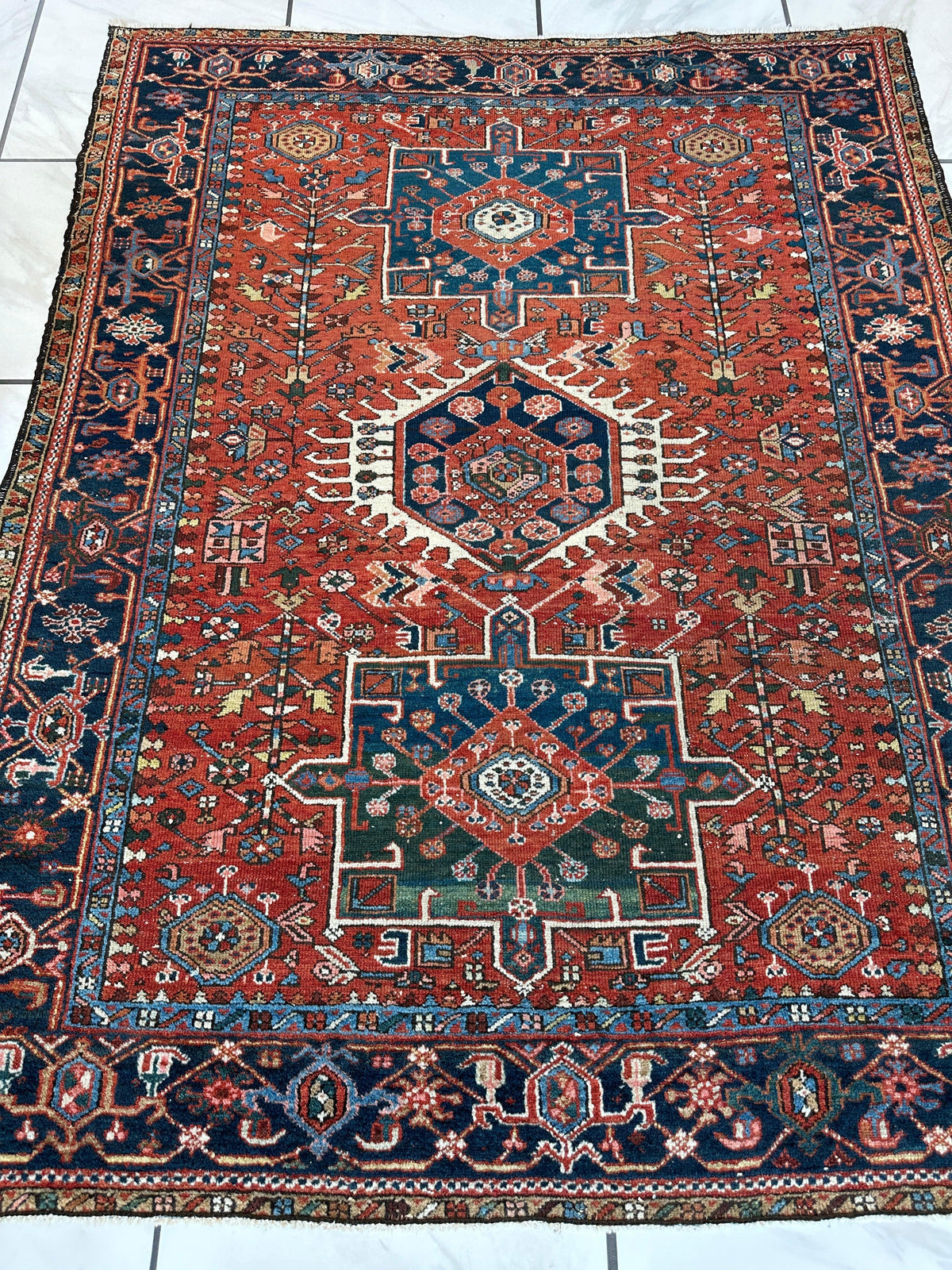 Antique Persian Heriz Rug 5x6 | Rust, Navy & Ivory | Hand-Knotted Wool - Rugistan, view 11
