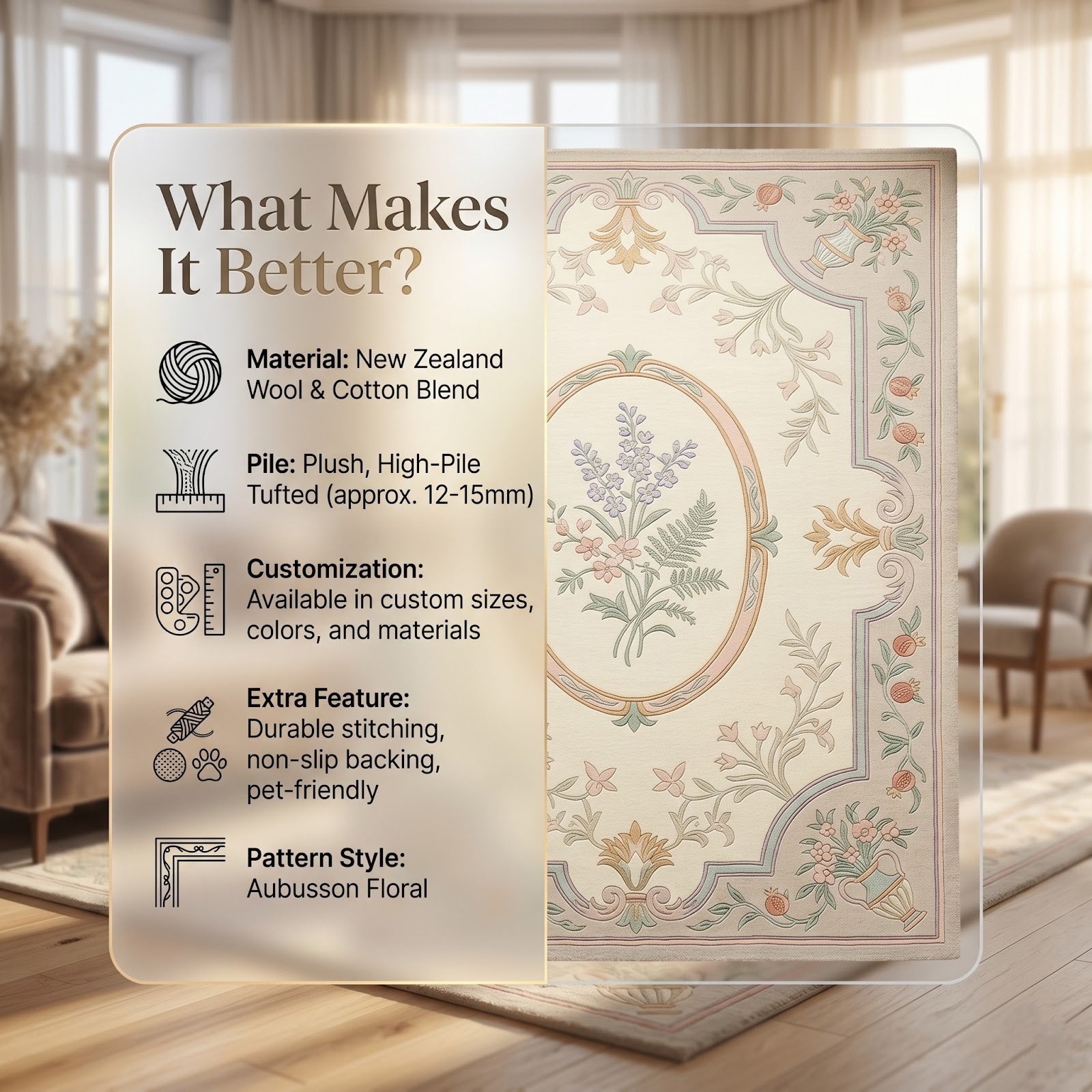French Provincial Floral Hand Tufted Wool Rug | Pastel Botanical Medallion Area Rug — 2x3 ft'