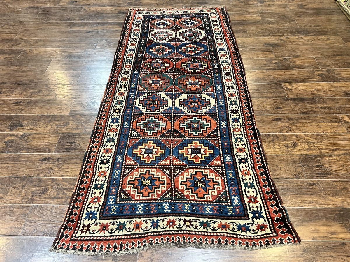 Antique Caucasian Kazak Runner Rug 4 x 9.5, Handmade Wool Rug for Hallway, Rare Colorful Panel Design Mid 19th Century 1870s Oriental Carpet - Jewel Rugs, view 2