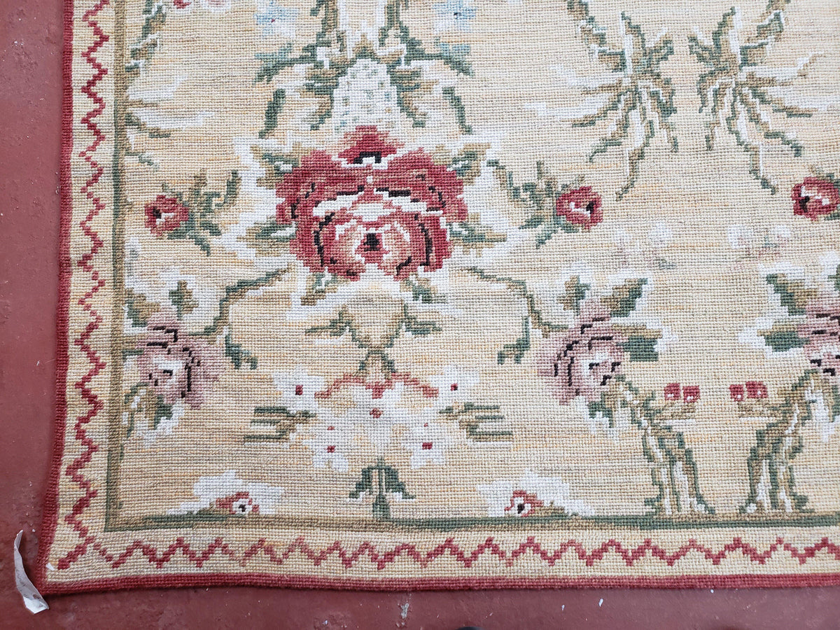 Needlepoint Rug 10x14 Wool Flatweave Carpet, English Floral Pattern, Pale Yellow, Roses, Allover Pattern, Handmade Large Needlepoint Nice - Jewel Rugs, view 9