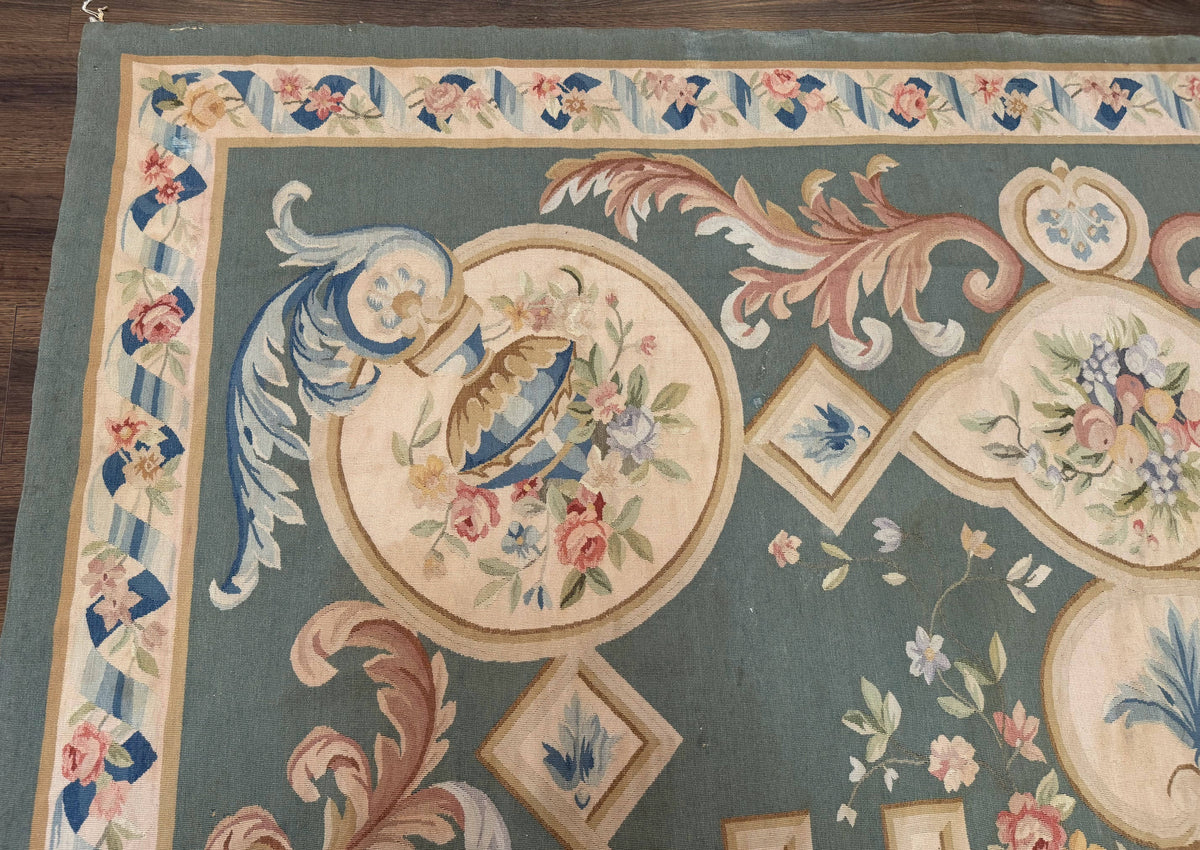 Aubusson Rug 9x12, Muted Sage Green and Cream, European Design - Jewel Rugs, view 7