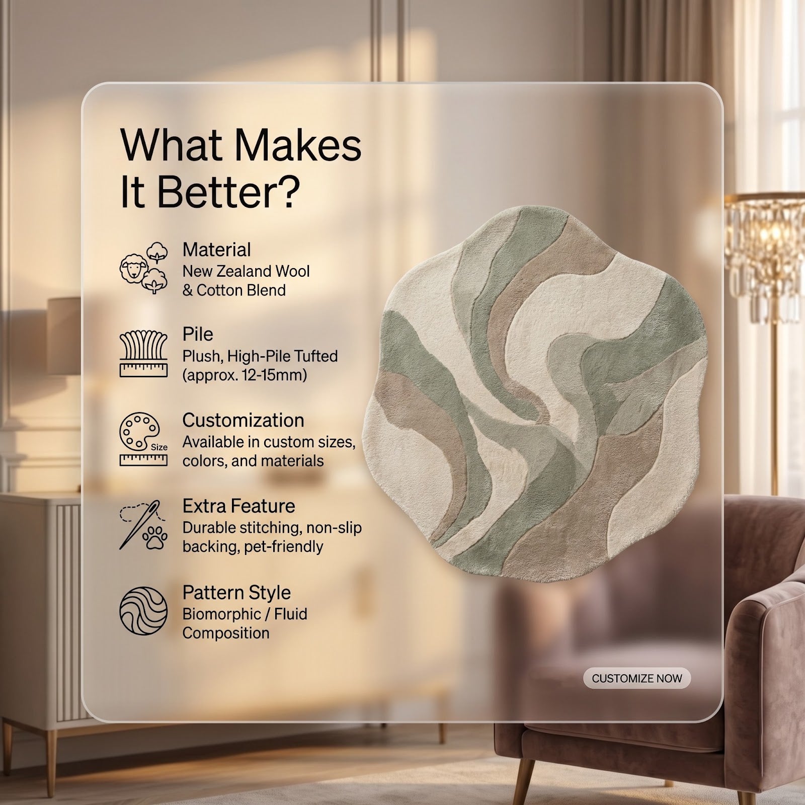 Organic Wave Hand Tufted Wool Rug | Sage Green, Taupe & Ivory Irregular Shape Area Rug — 2x3 ft'