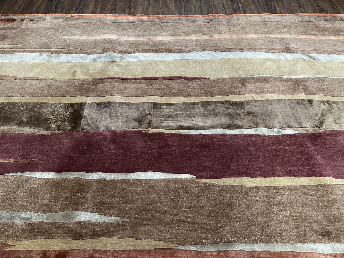 Modern Tibetan Rug 8x11 Nepali Carpet, Shiny Velvely Soft Wool and Silk, Contemporary Hand Knotted Rug, Striped Design, Wool Area Rug 8 x 11 - Jewel Rugs, view 5