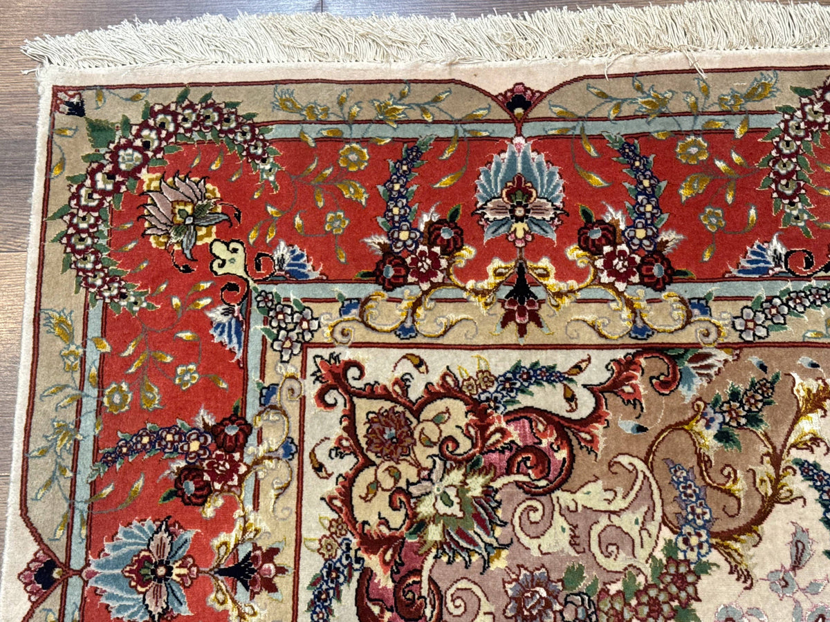 Wonderful Persian Tabriz Rug 5x7, Very Fine 440 KPSI, Ivory and Coral, Rare - Jewel Rugs, view 7