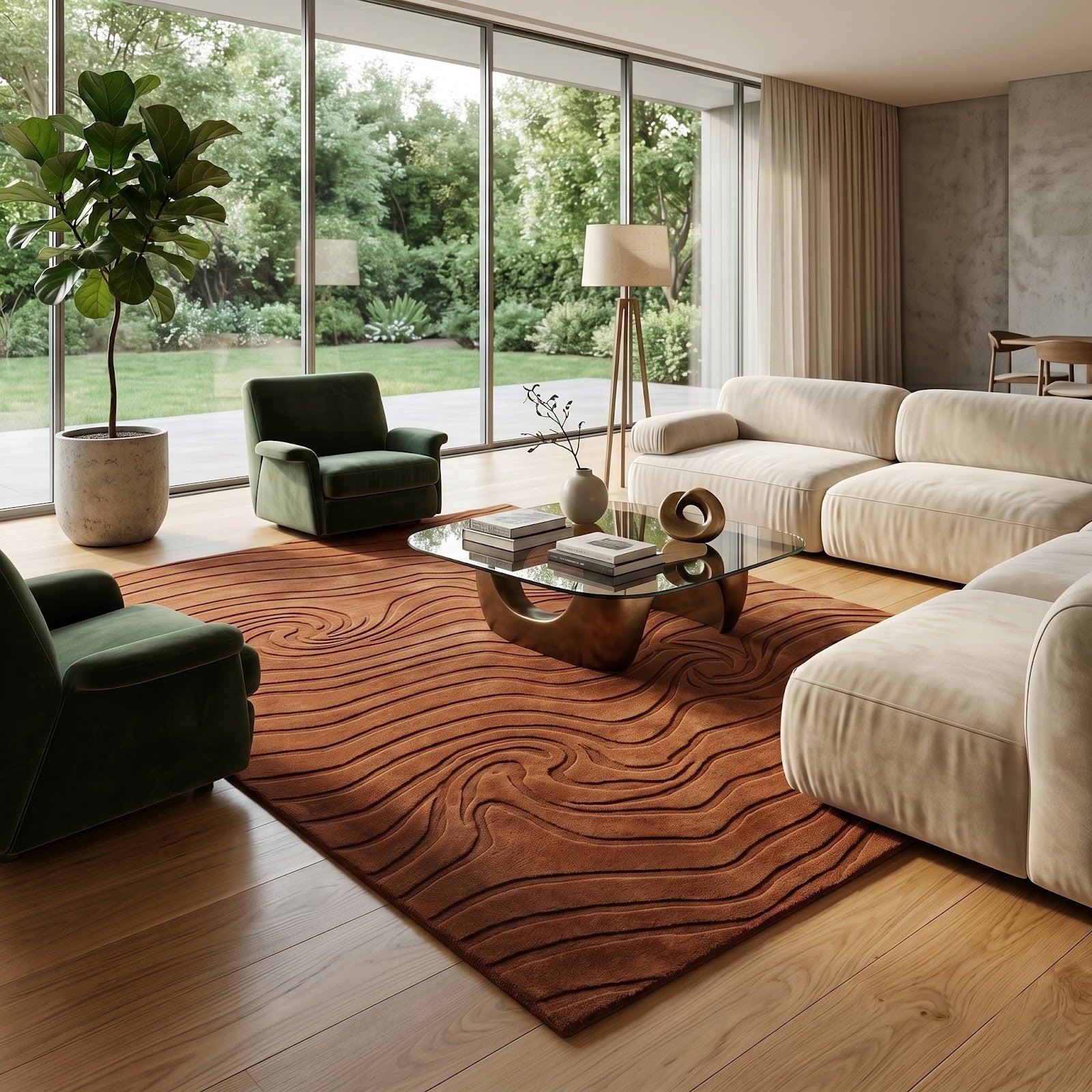 Organic Woodgrain Wave Hand Tufted Wool Rug | Terracotta Brown Sculpted Abstract Area Rug — 2x3 ft'