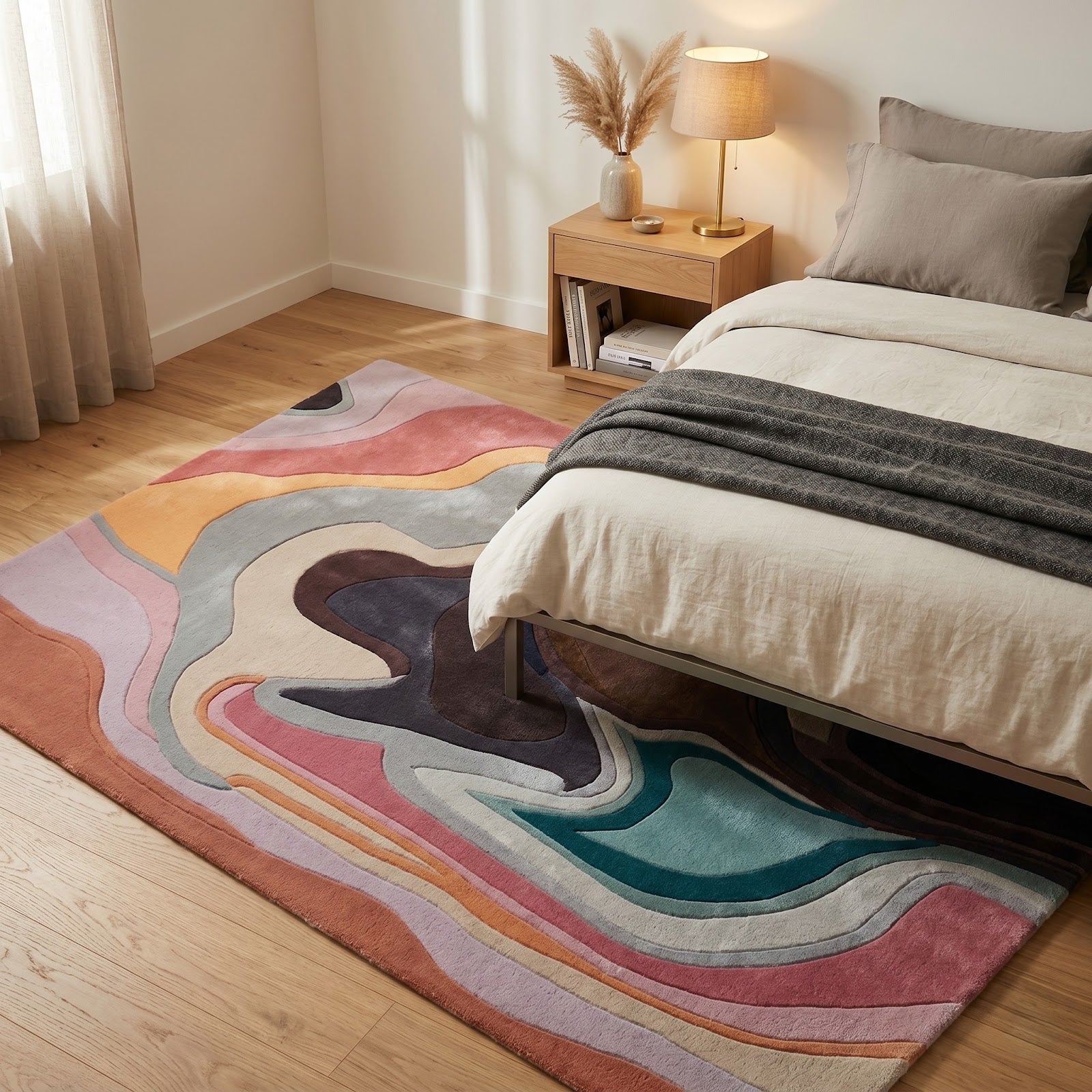 Fluid Abstract Hand Tufted Wool Rug | Blush Pink, Sage Blue & Mocha Contemporary Art Area Rug — 2x3 ft'
