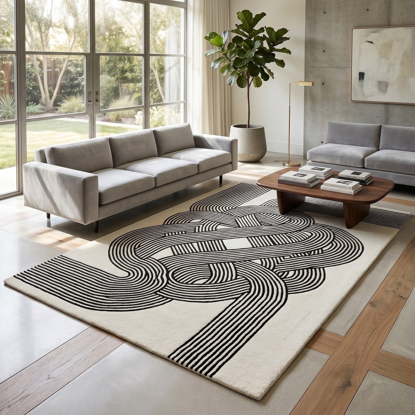 Modern Optical Illusion Hand Tufted Wool Rug | Black & Ivory Geometric Knot Pattern Area Rug — 2x3 ft'