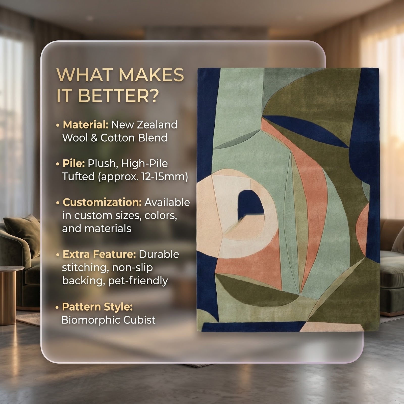 Modern Abstract Cubist Hand Tufted Wool Rug | Sage Green, Olive & Navy Geometric Art Area Rug — 2x3 ft'