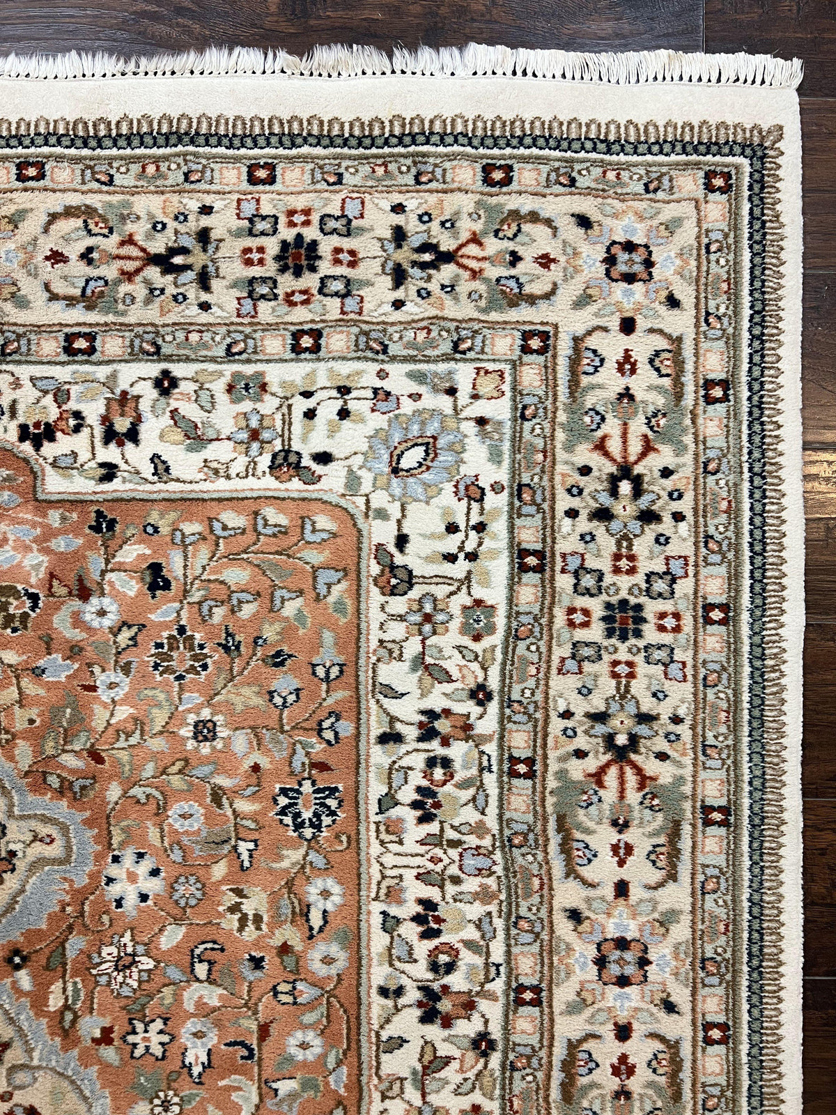 Indo Persian Rug 6x9, Wool Hand Knotted Vintage Carpet, Salmon & Ivory, Traditional Oriental Rug 6 x 9 - Jewel Rugs, view 8