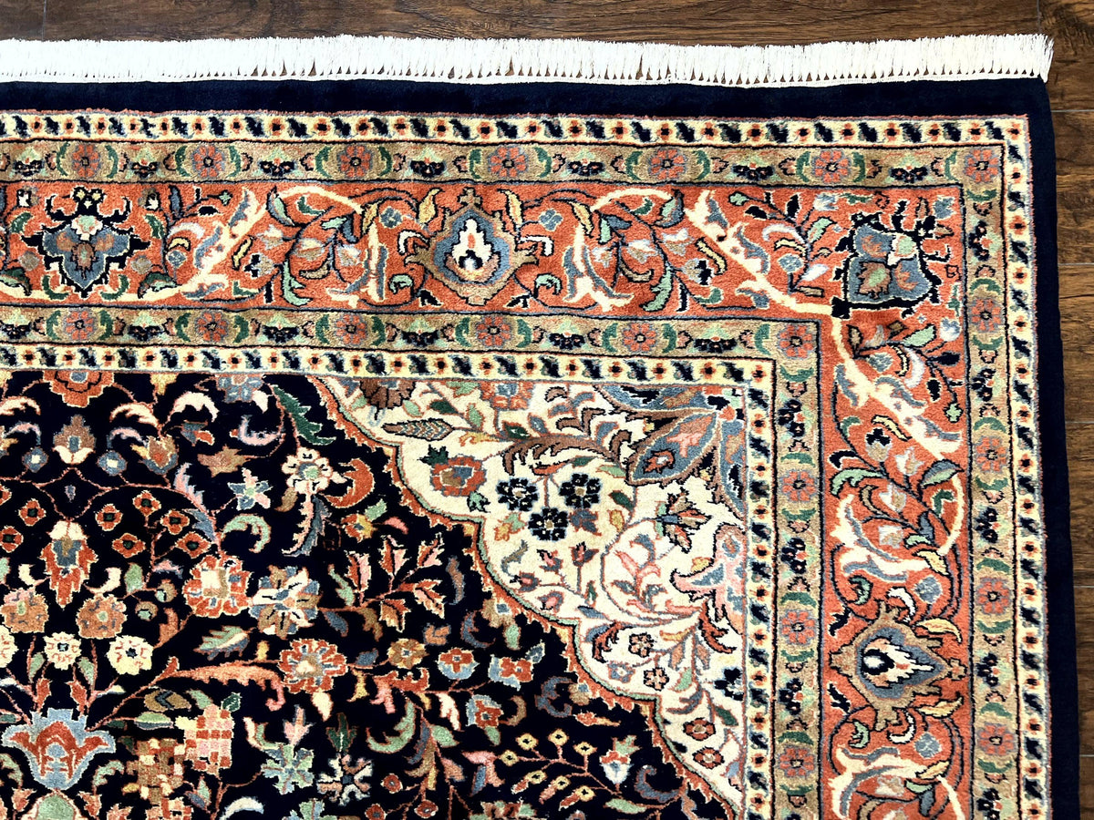 Indo Persian Rug 8x10, Midnight Blue & Red, Handmade Vintage Wool Carpet, Floral Medallion - Jewel Rugs, view 8