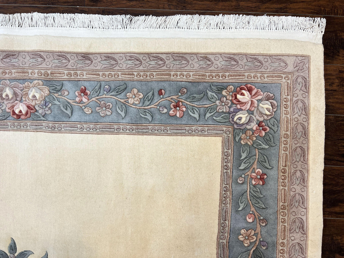 Chinese Carving Rug 8x10, Chinese Wool Carpet 8 x 10, Cream, 120 Line Rug, Vintage Handmade Art Deco Asian Oriental Rug, Aubusson Rug - Jewel Rugs, view 7