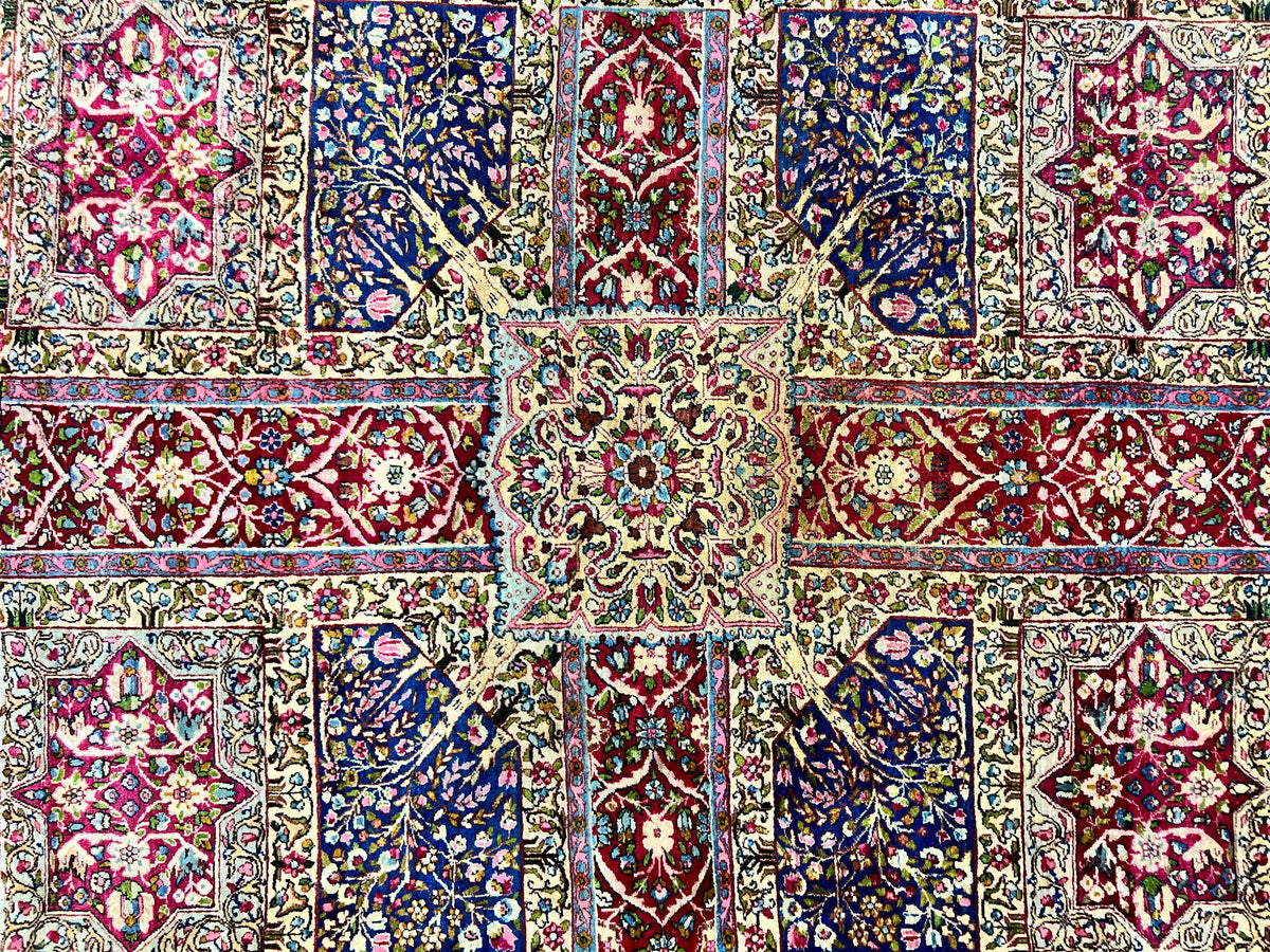 Persian Kirman Lavar Rug 8x9, Antique Persian Carpet, Colorful Multicolor 1920s Handmade Wool Rug, Garden Panel Design, Fine 200 KPSI - Jewel Rugs, view 3